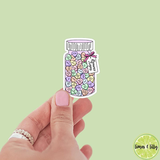 Romance Tropes Candy Hearts in Bottle Vinyl Sticker | Valentine’s Day Sticker | Valentine Sticker | Kindle Stickers | Bookish Stickers |