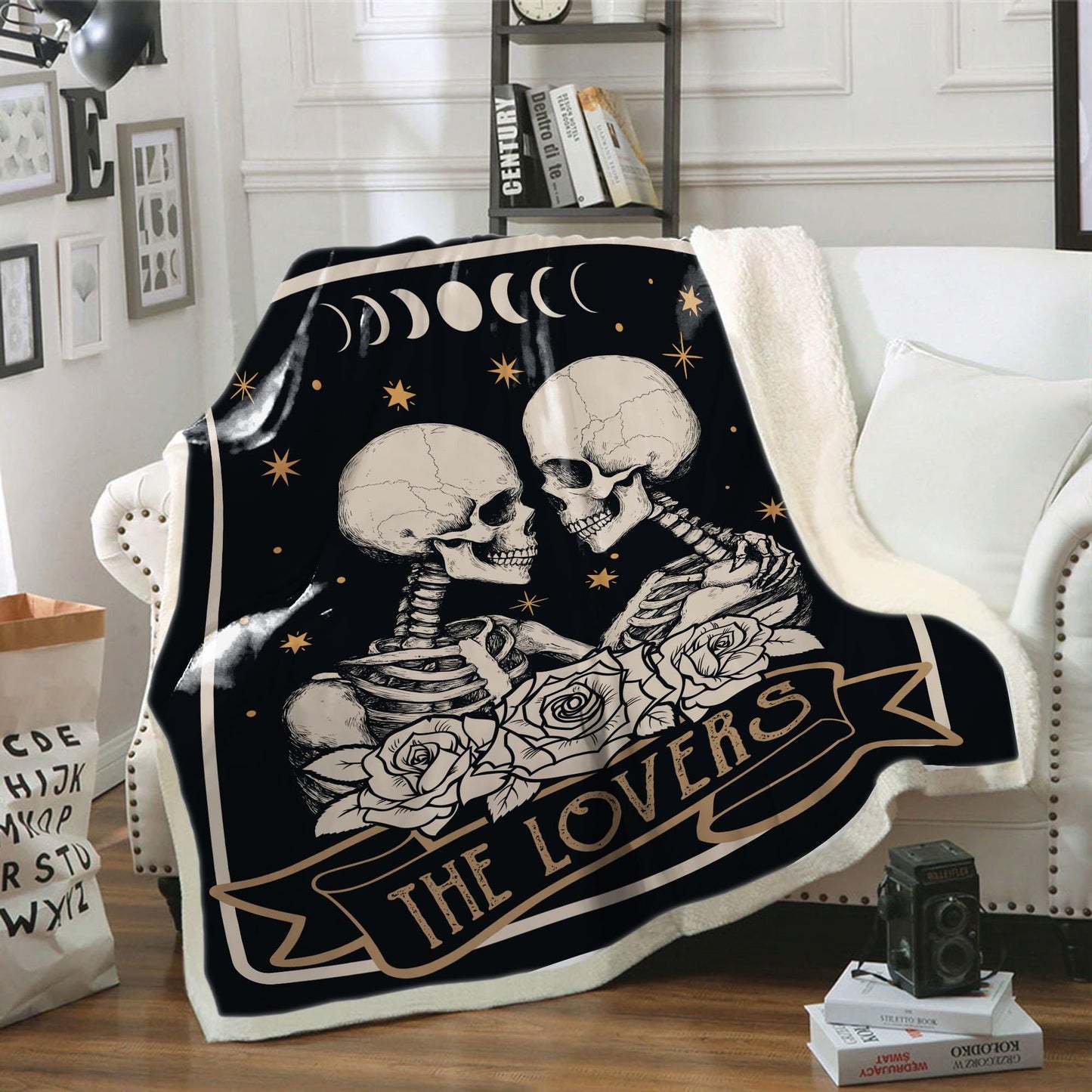 The Lover Tarot Card Blanket, Vintage Skeleton Lovers Valentine Gift, Gothic Valentine Gift, Tarot Reader Blanket, Mystical Skeleton Blanket