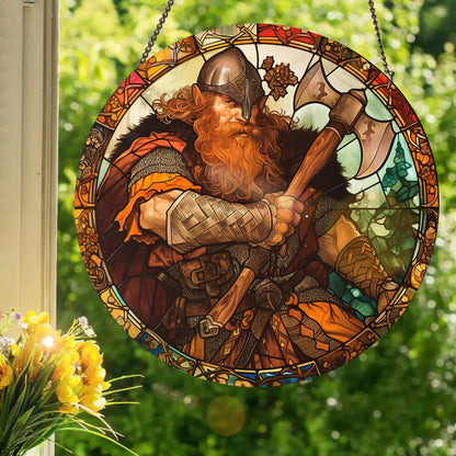 Emberwick The Dwarf With His Battle Axe: Stained Glass Style Window Hanging Made With Real Glass