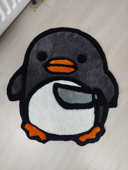 Cute Tufted Penguin Rug with Knife Design – Fun and Unique Handmade Floor Mat, Cartoon Penguin Bath Mat, Funny Kawaii Decor