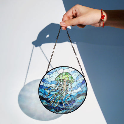 Stained Glass Jellyfish Sun Catcher Ocean Themed Decorative Window Hanging Gift for Sea Lovers