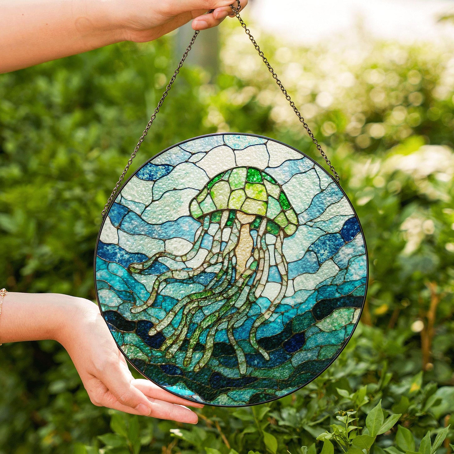 Stained Glass Jellyfish Sun Catcher Ocean Themed Decorative Window Hanging Gift for Sea Lovers
