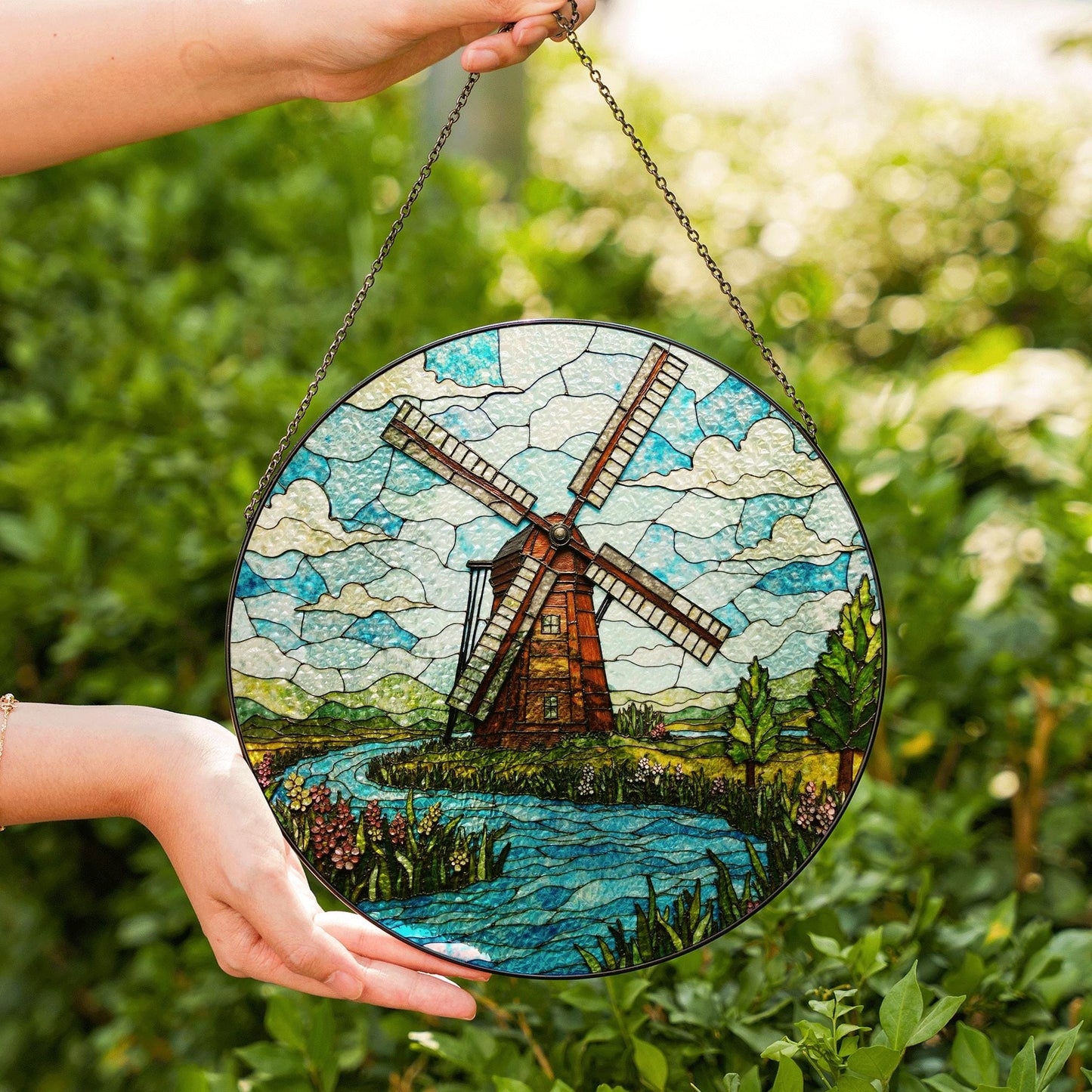 Windmill Stained Glass Suncatcher with River and Flowers Nature Gift for Garden Lovers