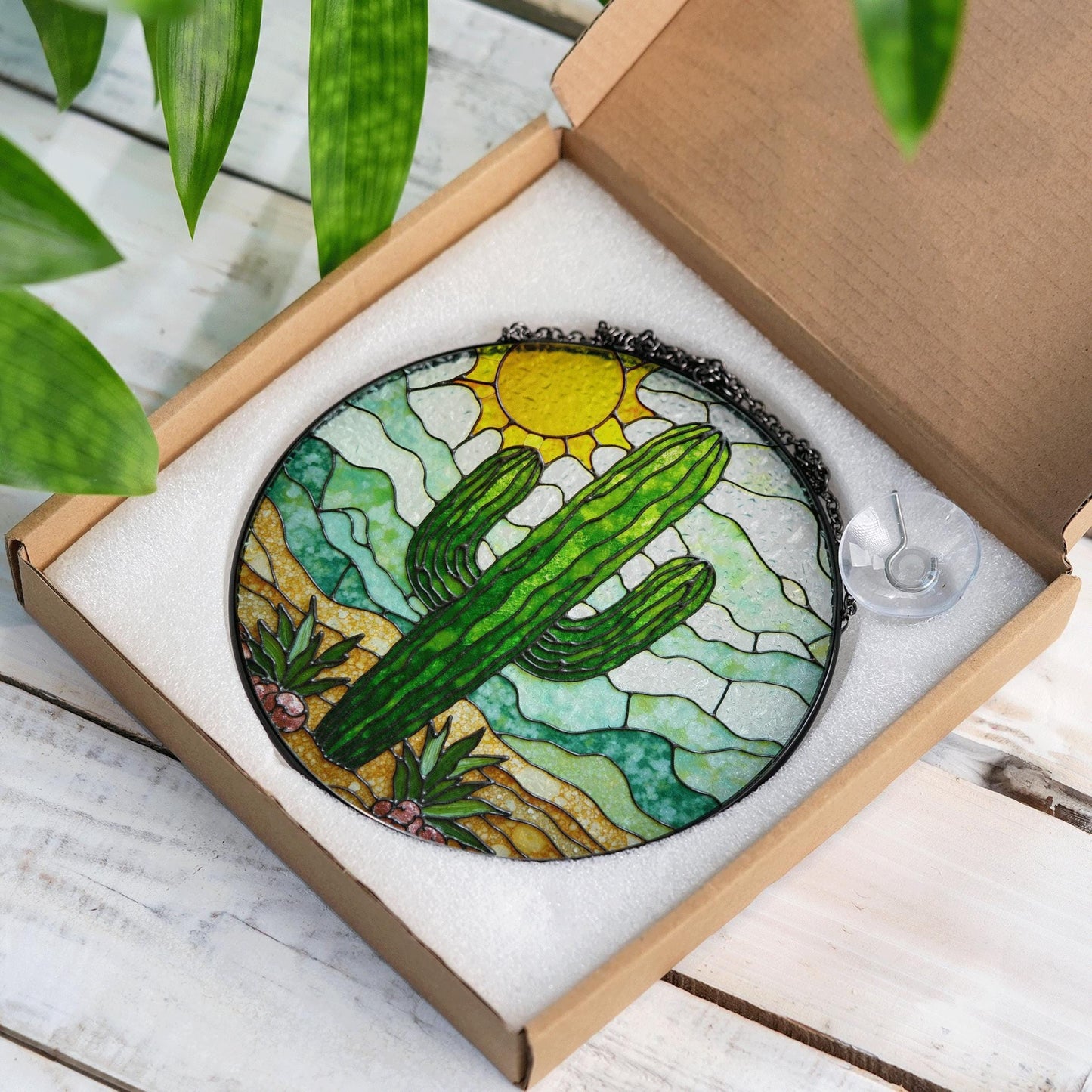 Cactus Stained Glass Sun Catcher Desert Landscape Green Cactus Gifts for Garden Lovers Home Decor