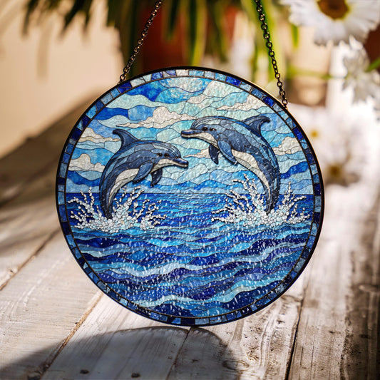 Dolphin Stained Glass Suncatcher Ocean Decor Window Art Gift for Dolphin Lover