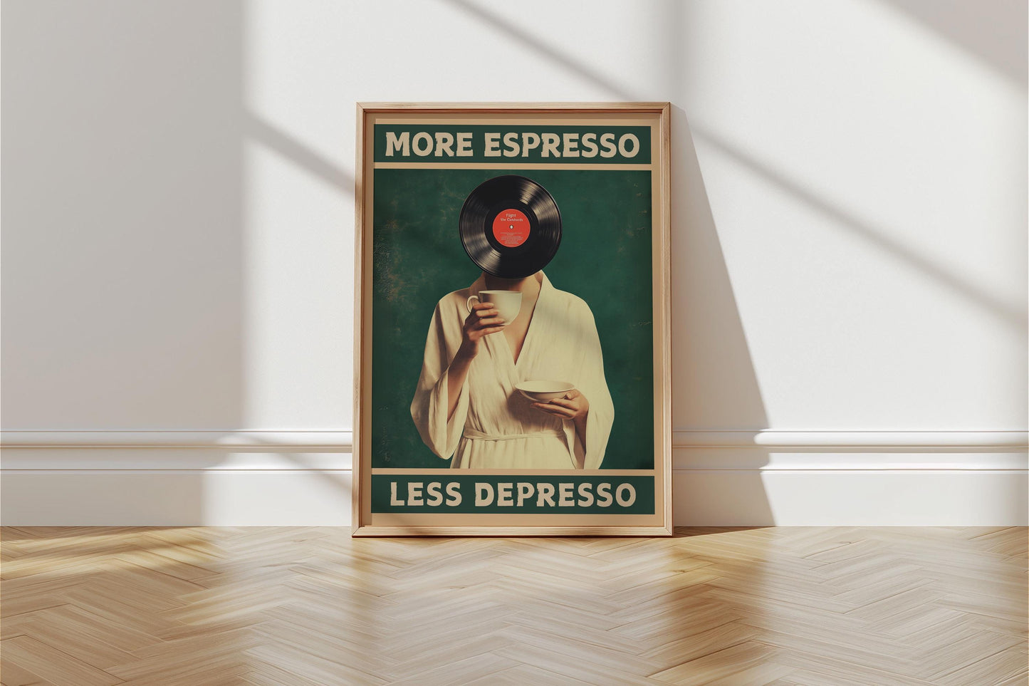 More Espresso Less Depresso, Funky Kitchen Print, Coffee Prints, Retro Print, Vinyl record Poster, Music Lovers Gift, Wall Art Home Decor