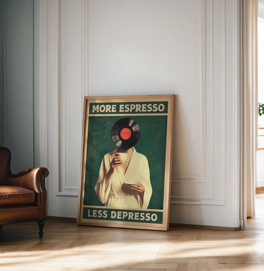 More Espresso Less Depresso, Funky Kitchen Print, Coffee Prints, Retro Print, Vinyl record Poster, Music Lovers Gift, Wall Art Home Decor