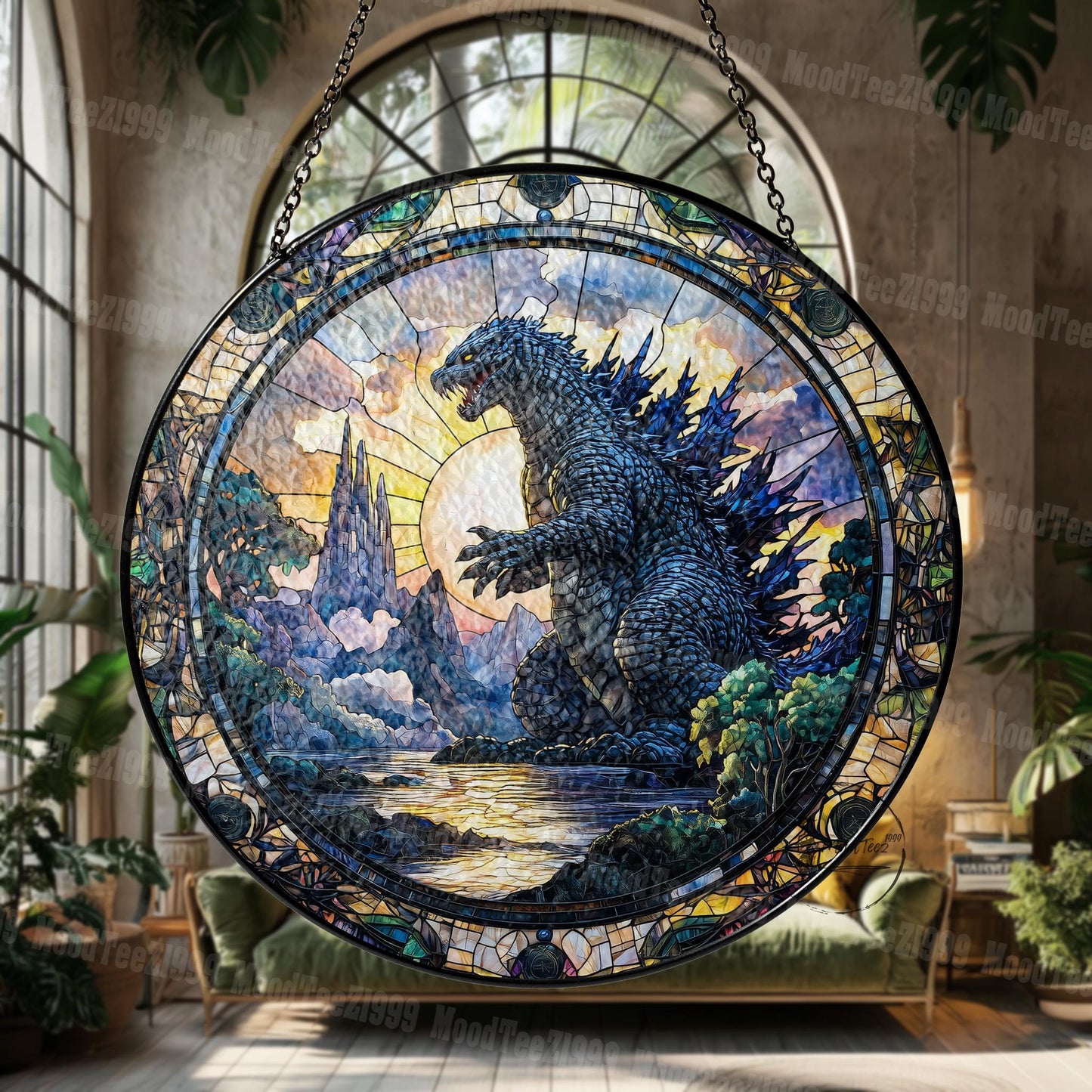 Godzila in Scenic Landscape Stained Glass, Unique Artistic Home Decor Gift for Movie Fans and Nature Enthusiasts