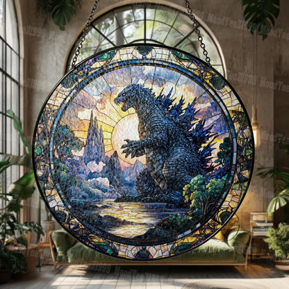 Godzila in Scenic Landscape Stained Glass, Unique Artistic Home Decor Gift for Movie Fans and Nature Enthusiasts