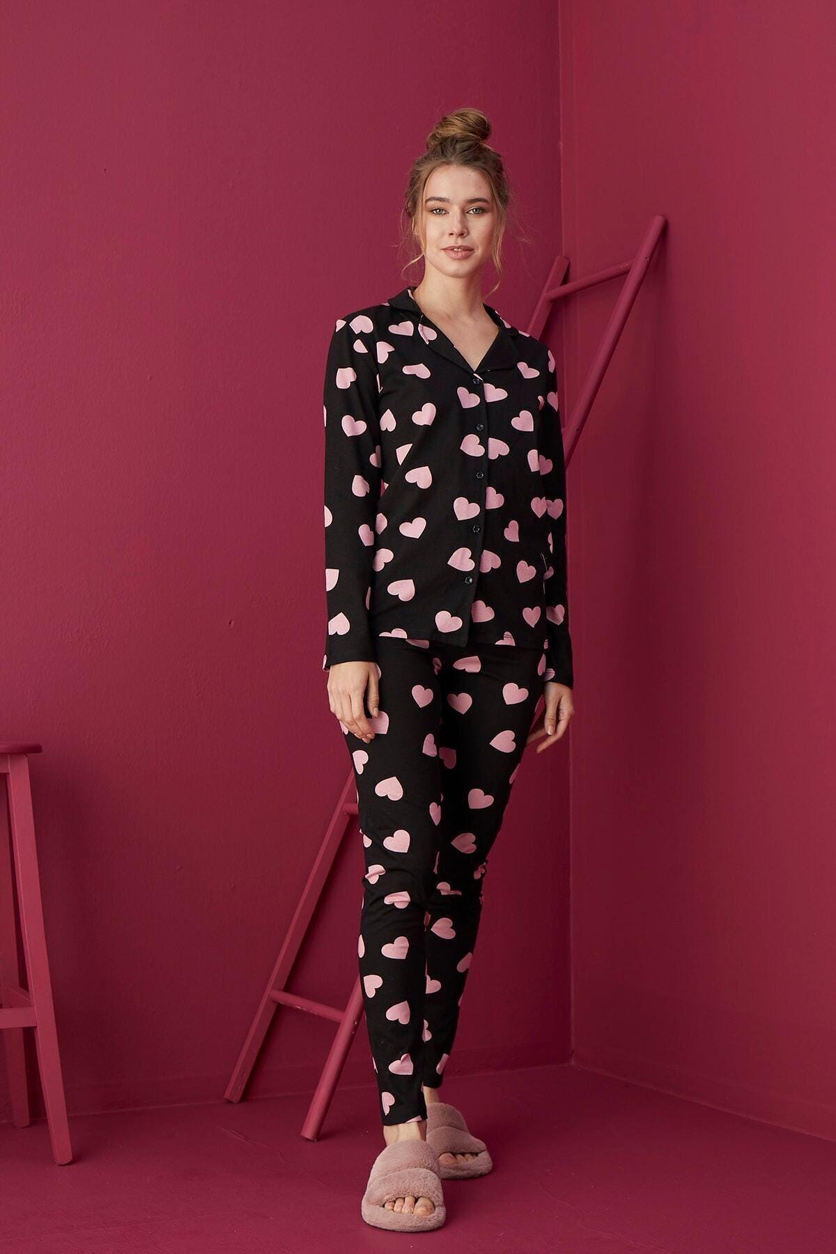 Pink Heart Women's Pajama Set – Women Pajama Button-Up Sleepwear, Stylish Black and Pink Loungewear, Cozy Gift Idea for Her