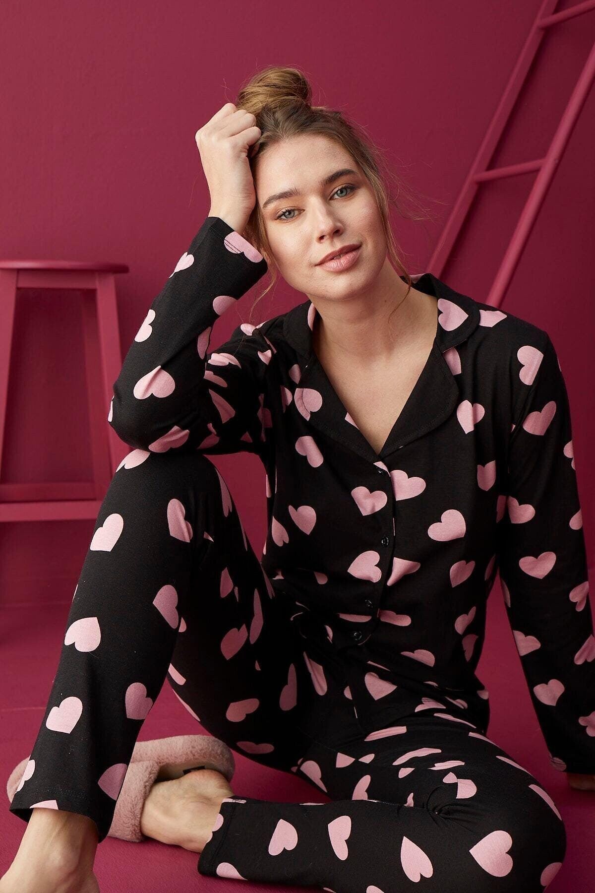 Pink Heart Women's Pajama Set – Women Pajama Button-Up Sleepwear, Stylish Black and Pink Loungewear, Cozy Gift Idea for Her