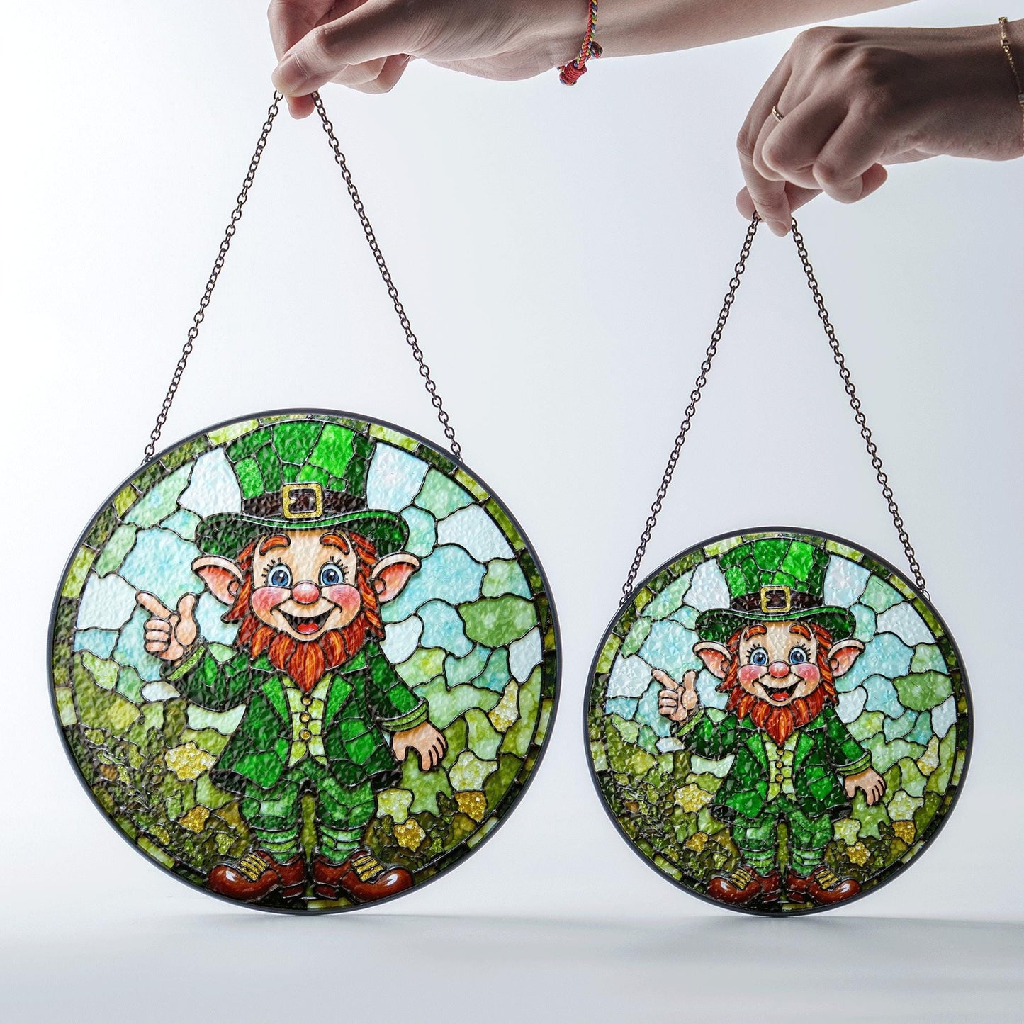 Stained Glass Leprechaun Suncatcher with Green Outfit and Thumbs Up Gift for St. Patrick's Day Lovers