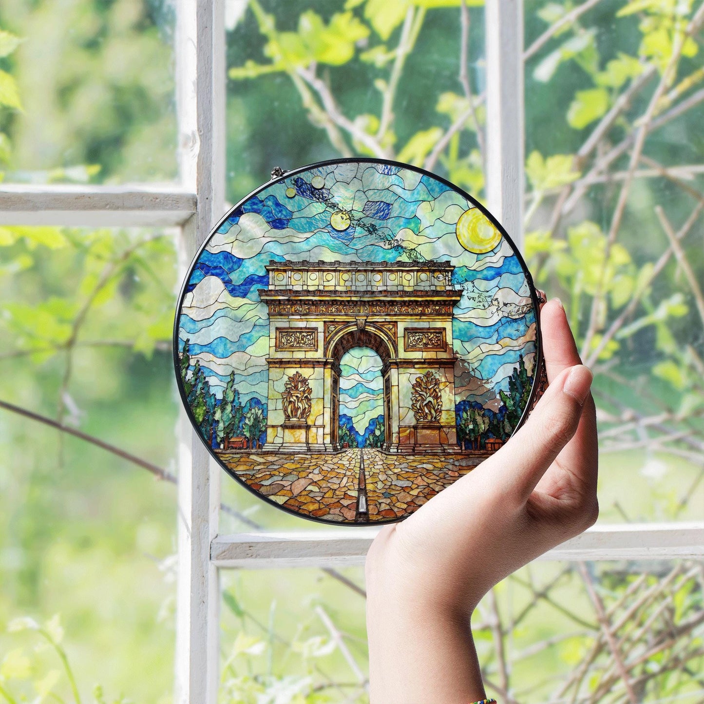 Stained Glass Arc de Triomphe Suncatcher with Vibrant Sky Art Handmade Gift for Architecture Lovers