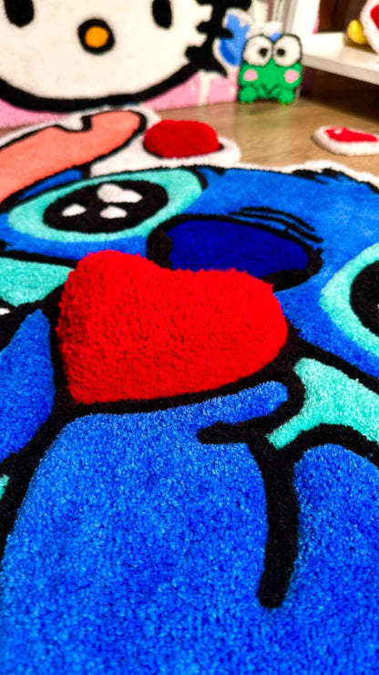 Stitch Tufted Rug – Custom Handmade Blue Cartoon Carpet, Crying Stitch Decor, Puffy Soft Rug for Anime Room Aesthetic or Gift | 3 FT
