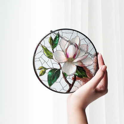Magnolia Stained Glass Window Hanging, Elegant Floral Decor for Car or Home, Nature-Inspired Flower Design