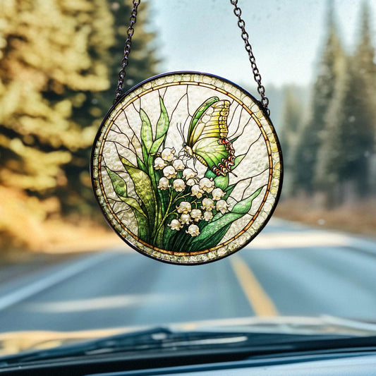 Butterfly and Lily of the Valley Stained Glass Window Hanging, Elegant and Colorful Floral Decor, Perfect for Home, Car, and Window Display