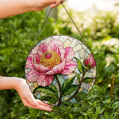 Pink Peony Stained Glass Suncatcher Handcrafted Floral Sun Catcher Gift for Mother's Day