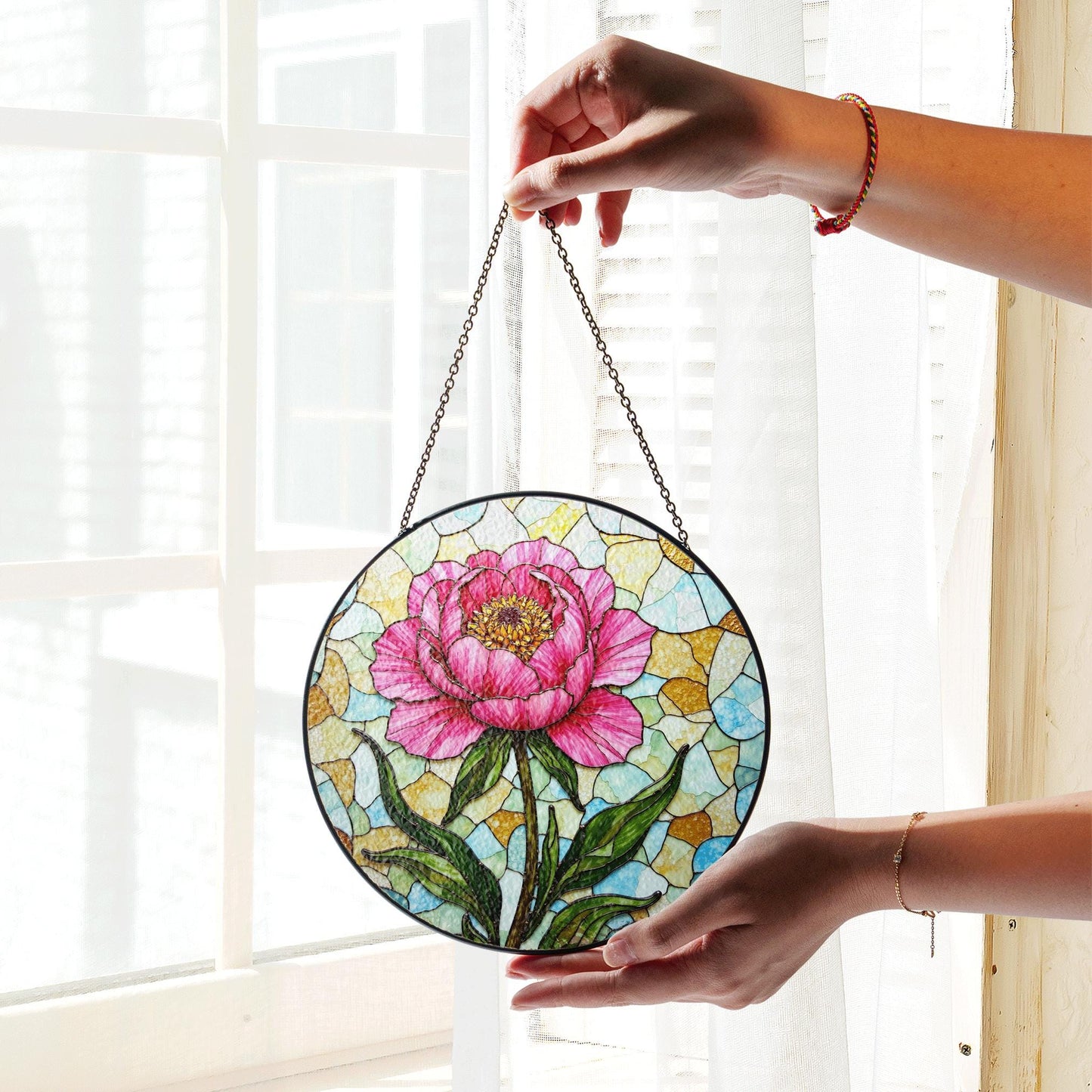 Stained Glass Peony Flower Suncatcher Sun Catcher for Home Decor Gift for Mom or Flower Lovers