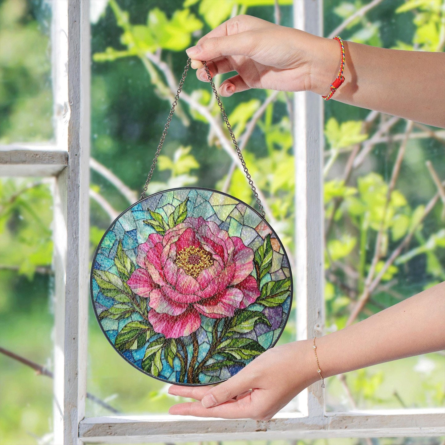 Pink Peony Stained Glass Suncatcher for Window Beautiful Floral Gift for Mother or Friend