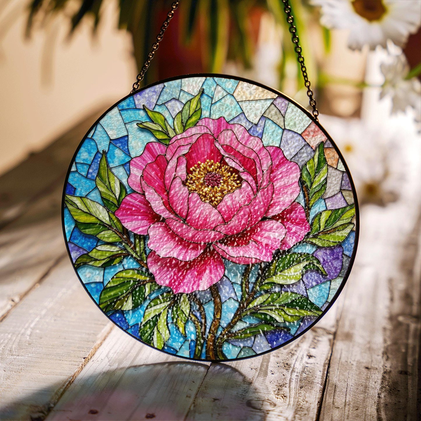 Pink Peony Stained Glass Suncatcher for Window Beautiful Floral Gift for Mother or Friend