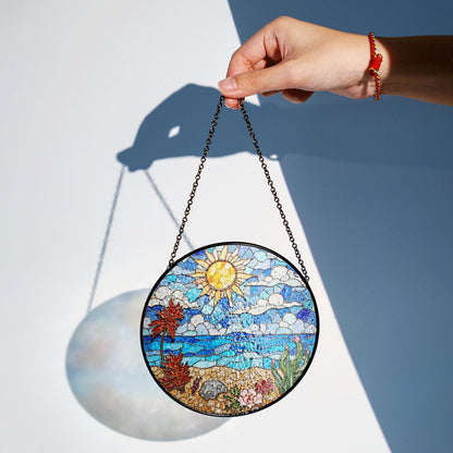 Stained Glass Beach Landscape Sun Catcher Ocean Sun Clouds Palm Trees Gift for Nature Lovers