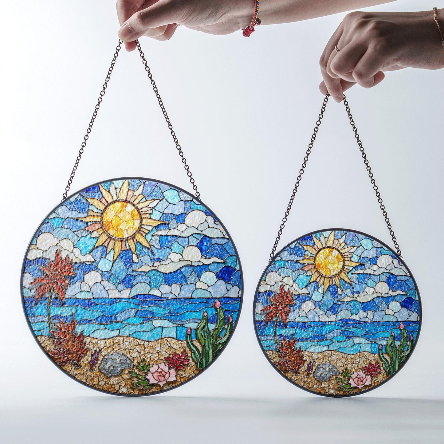 Stained Glass Beach Landscape Sun Catcher Ocean Sun Clouds Palm Trees Gift for Nature Lovers