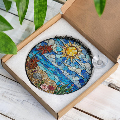 Stained Glass Beach Landscape Sun Catcher Ocean Sun Clouds Palm Trees Gift for Nature Lovers