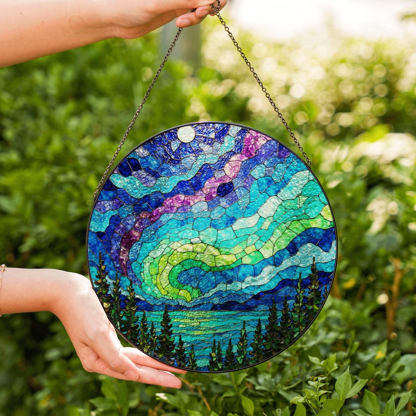 Northern Lights Stained Glass Suncatcher Beautiful Nature Design Window Decor Gift for Nature Lovers