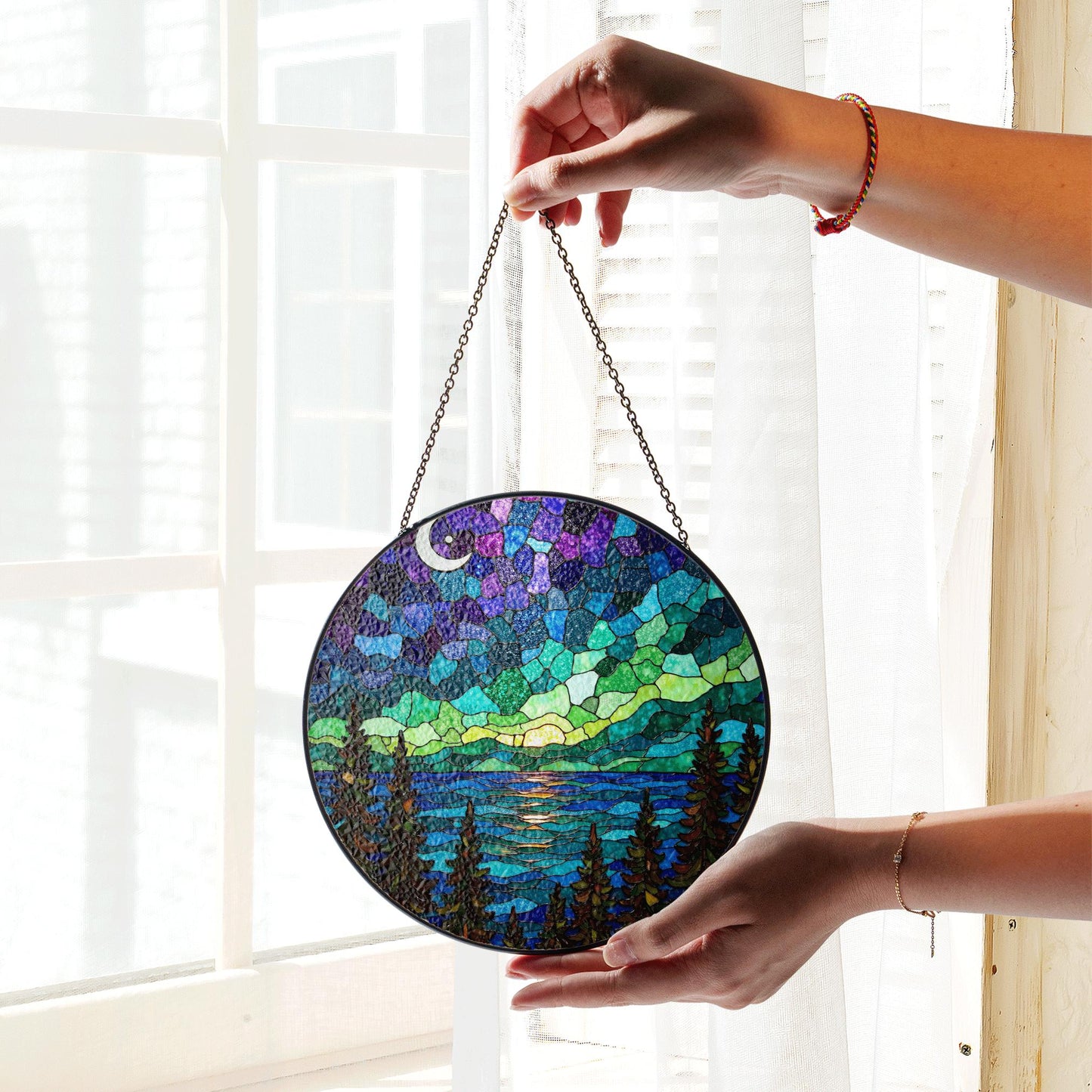Northern Lights Stained Glass Suncatcher Nature Landscape Gift for Her