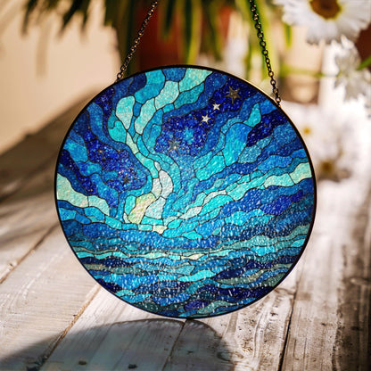 Stained Glass Suncatcher Blue Waves Ocean Gift for Nature Lovers Home Decor