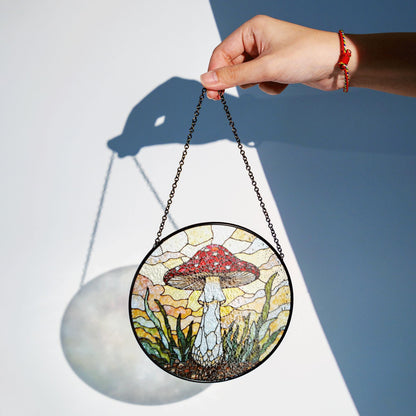 Stained Glass Mushroom Suncatcher Red Cap Mushroom Window Hanging Art Gift for Nature Lovers
