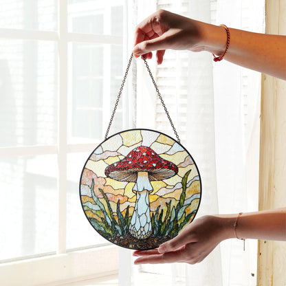 Stained Glass Mushroom Suncatcher Red Cap Mushroom Window Hanging Art Gift for Nature Lovers