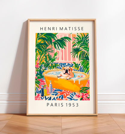 English Bulldog Art Print: Matisse Style Floral Bathroom Decor