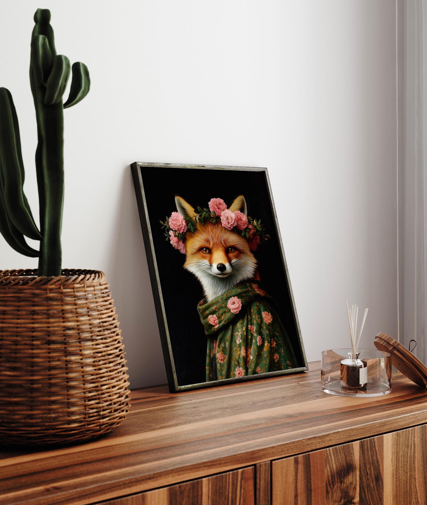 Botanical Fox Portrait Print: Dark Floral Animal Art