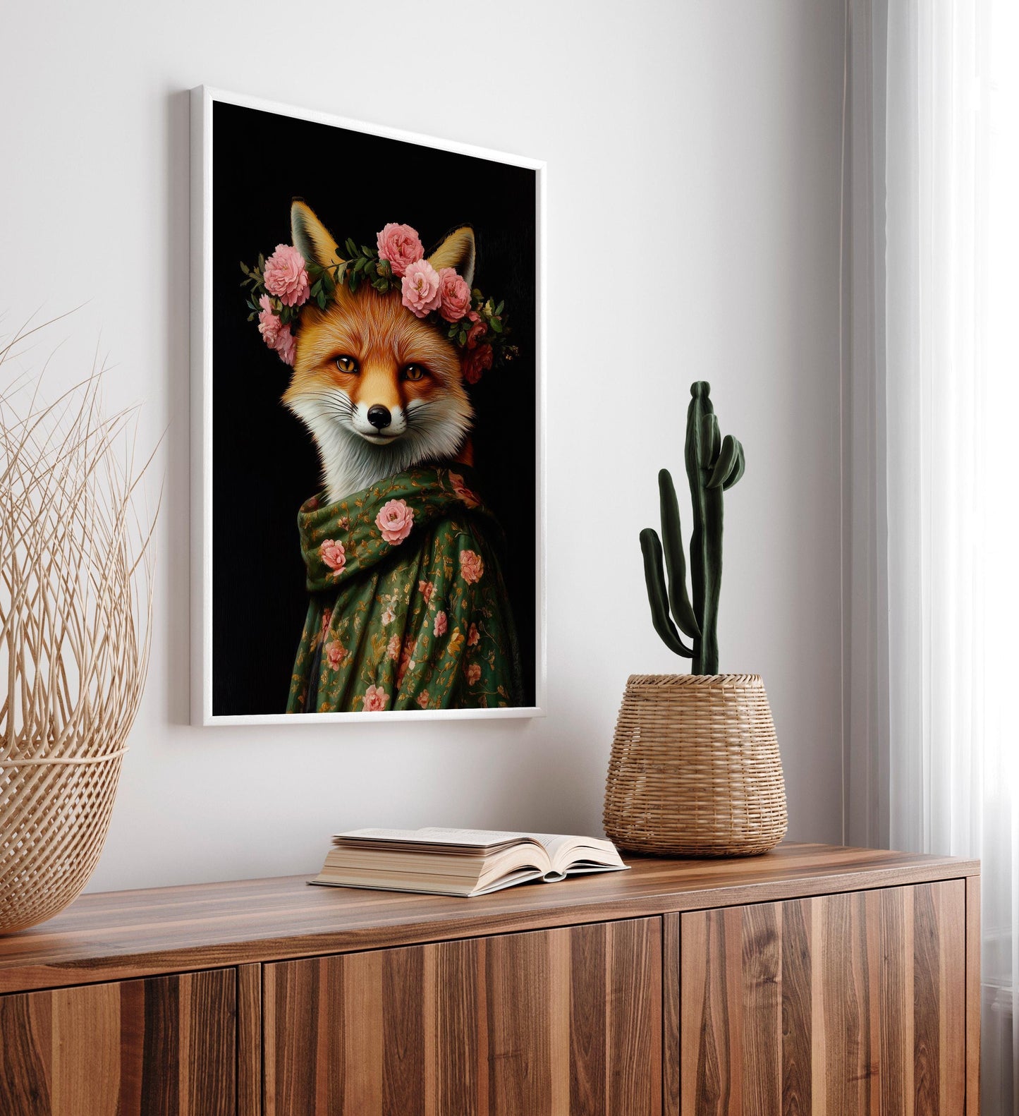 Botanical Fox Portrait Print: Dark Floral Animal Art