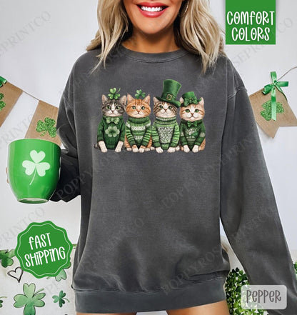 Cute St Patricks Cats Sweatshirt, Happy Go Lucky tee, Lucky Cats Sweatshirt, Cat Lover Sweater, St Patricks Cat Gift, Cat Mom Shirt