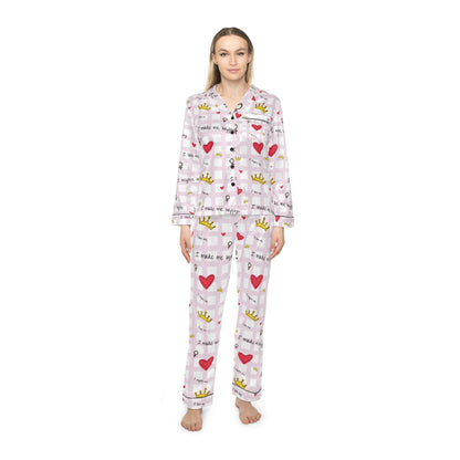 Cozy Hearts & Crowns Satin Pajamas - Women's Sleepwear Set, Cute Printed PJ's, Gift for Her, Lounge Wear, Nightwear