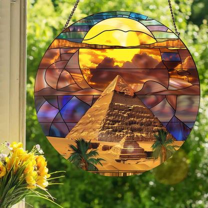 Pyramid of Giza - Giza, Nile River, Egypt: Stained Glass Style Window Hanging