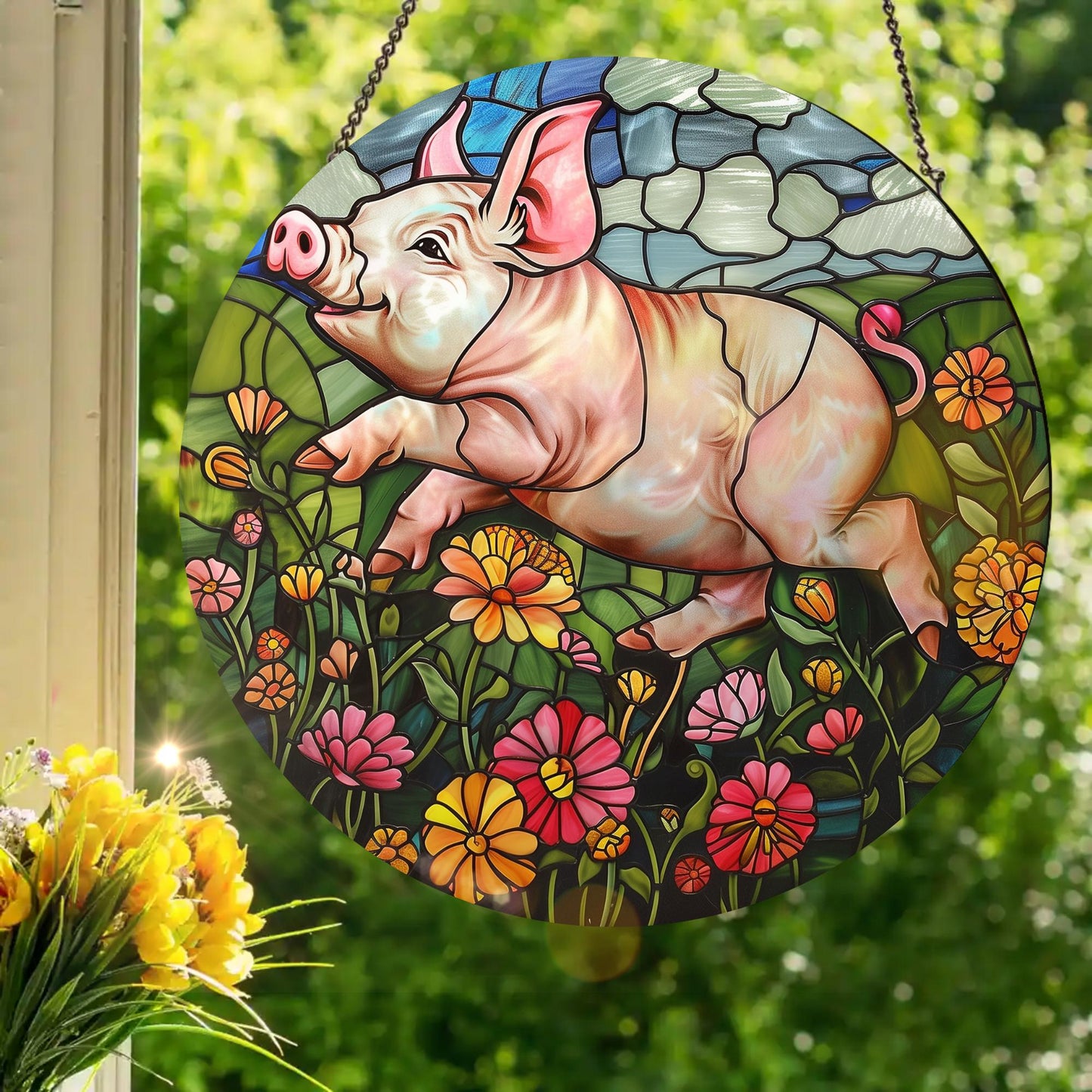 Happy Piglet: Stained Glass Style Window Hanging