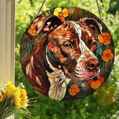 Brown and White Pitbull: Stained Glass Style Window Hanging
