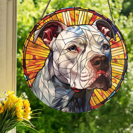 White Pitbull: Stained Glass Style Window Hanging