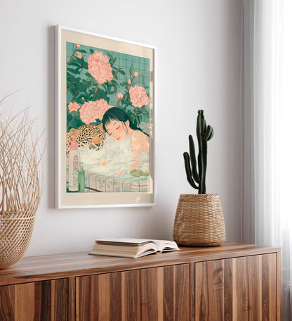 Ukiyo-e Leopard Bath Art Print: Japandi Bathroom Wall Decor