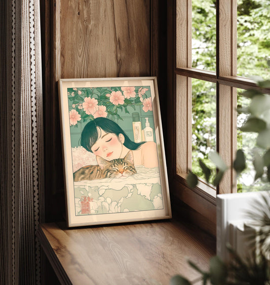 Ukiyo-e Woman and Tabby Cat Art: Japanese Bathroom Print