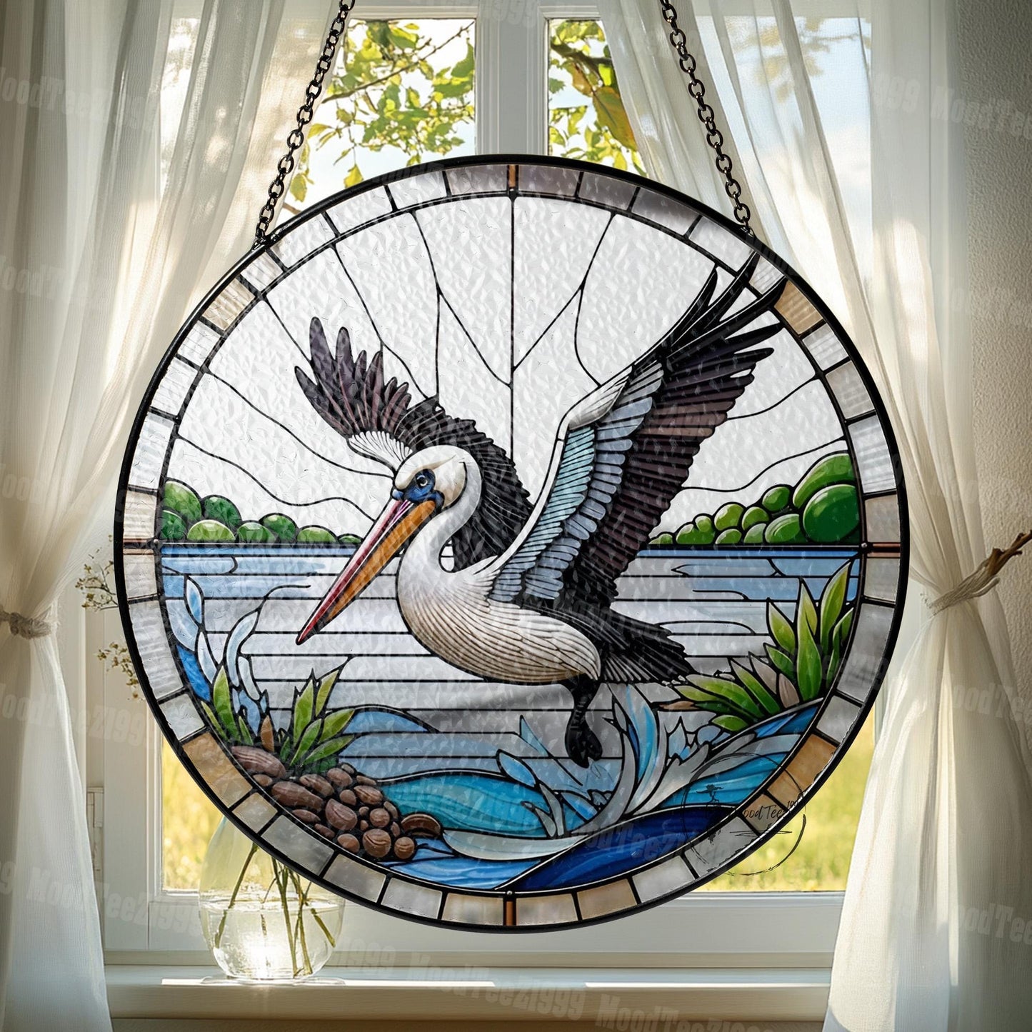 Pelican Glass Window Hanging - Beautiful Coastal Scene with Flying Pelican Design - Unique Nautical Home Decor