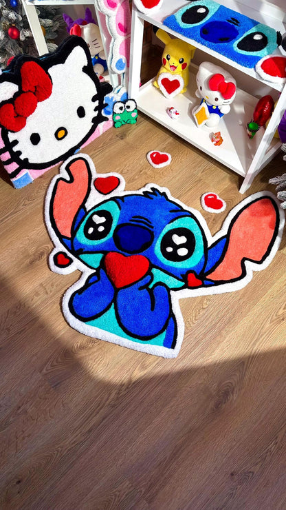 Stitch Tufted Rug – Custom Handmade Blue Cartoon Carpet, Crying Stitch Decor, Puffy Soft Rug for Anime Room Aesthetic or Gift | 3 FT