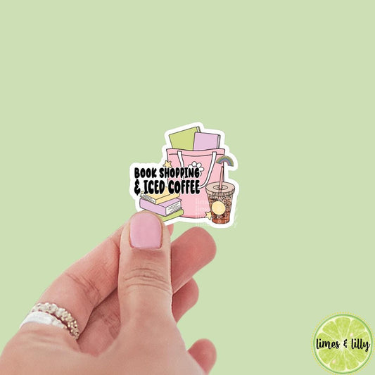 Book Shopping and Iced Coffee Tote Bag Vinyl Sticker | Kindle Sticker | Bookish Stickers | Mood Reader | Girly | Shopping Bag | Book Stack