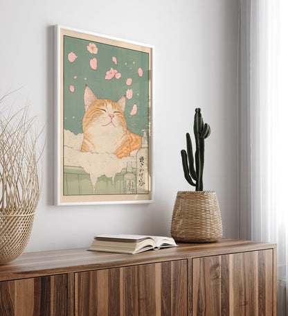 Japanese Ginger Tabby Cat Bath Print: Ukiyo-e Style Wall Art