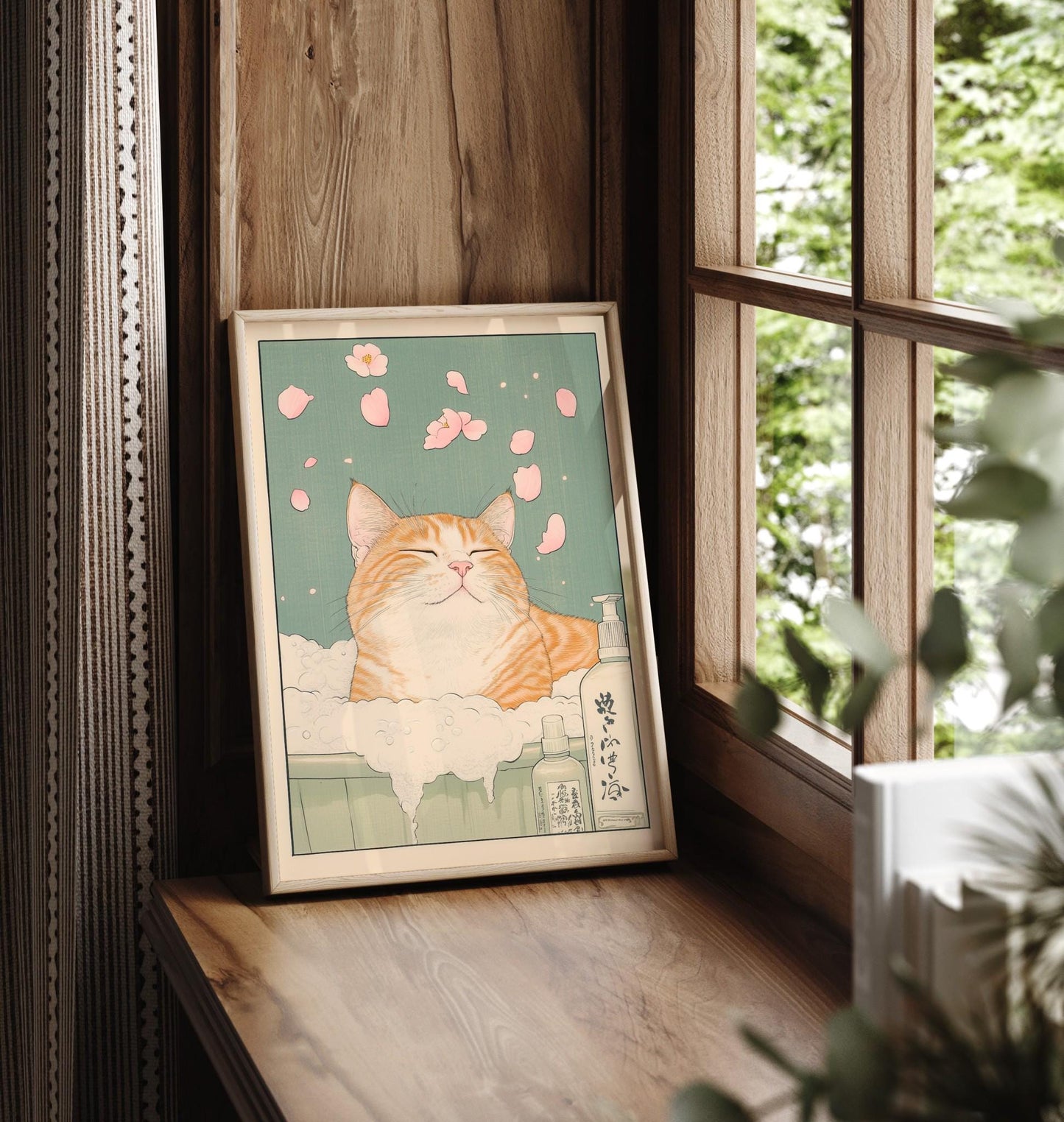 Japanese Ginger Tabby Cat Bath Print: Ukiyo-e Style Wall Art
