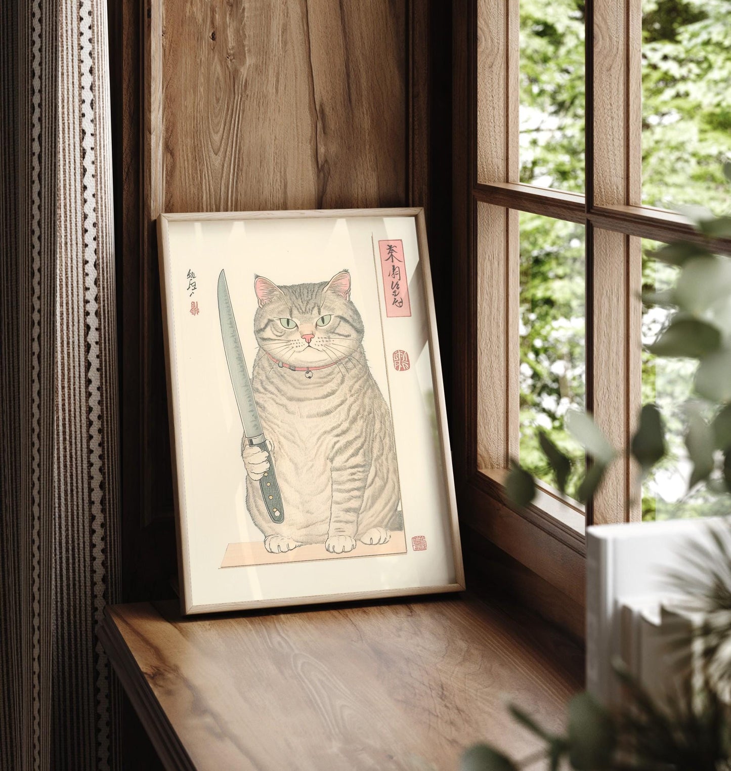 Japanese Cat Print: Funny Tabby Cat with Knife, Ukiyo-e Kitchen Art