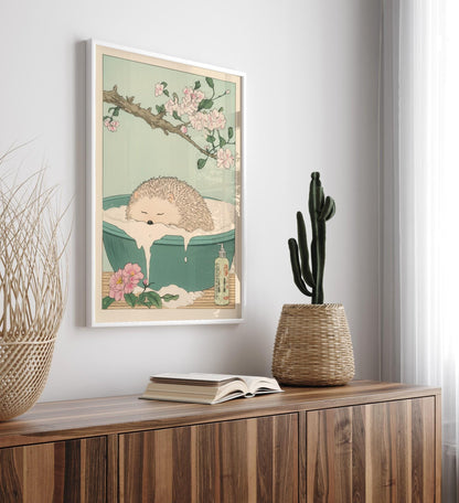 Hedgehog in Bathtub Print: Japanese Ukiyo-e Style Bathroom Art